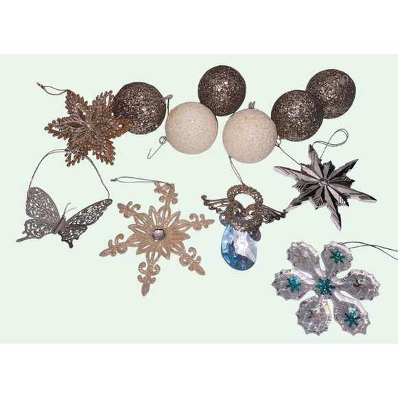 Set Of 12 Glittery Christmas Ornaments - Snowflakes Balls & Angel Decorations - Picture 1 of 16